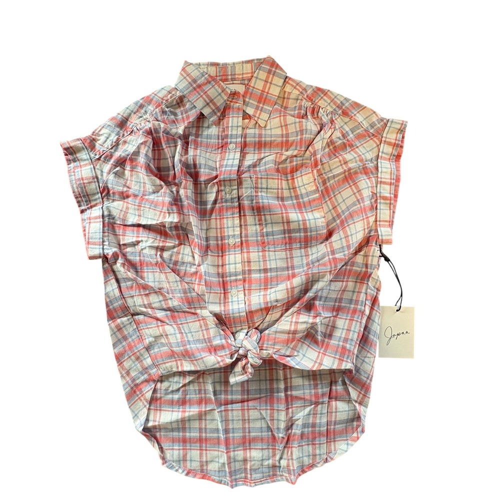 Japna Plaid Tie-Front Shirt Womens XS Coral Pink Blue NWT Short Sleeve Button Up